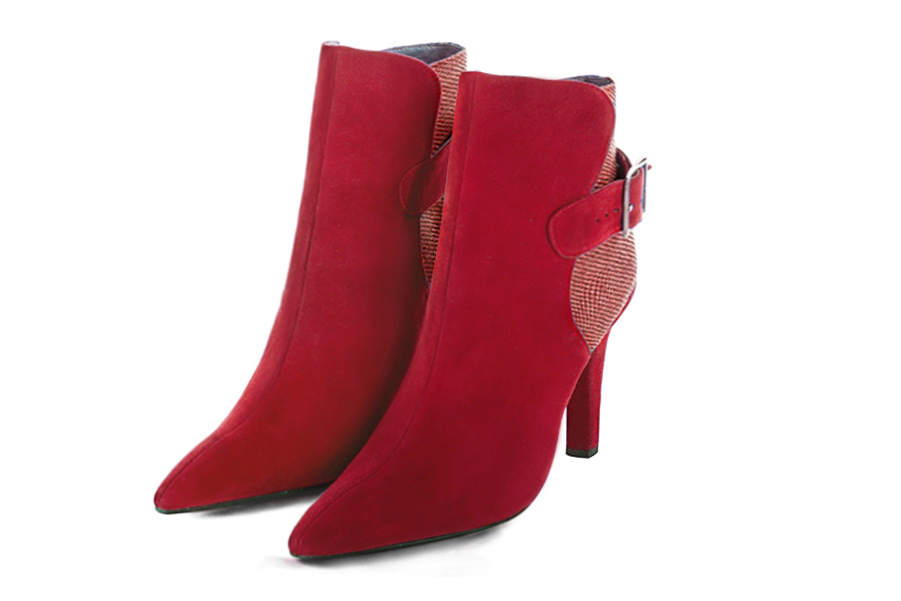 Cardinal red women's ankle boots with buckles at the back. Tapered toe. Very high slim heel. Front view - Florence KOOIJMAN